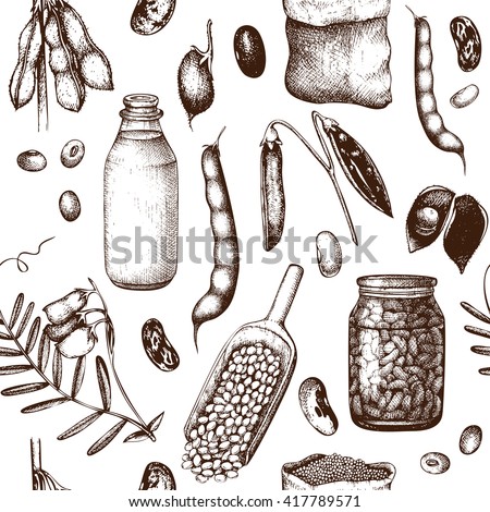 Vector seamless pattern with ink hand drawn legume crops sketches. Vintage background legumes products. Farm fresh and organic food illustration