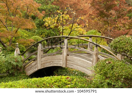 a wooden japanese style arch bridge in a park with autumn foliage in the - Japanese Wooden Garden Bridge a wooden japanese style arch bridge in a park with autumn foliage in the - Japanese Wooden Garden Bridge