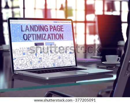 Landing Page Optimization Concept Closeup on Landing Page of Laptop Screen in Modern Office Workplace. Toned Image with Selective Focus. 3D Render.
