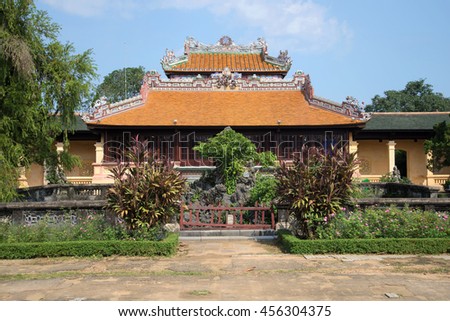 HUE, VIETNAM - JANUARY 07, 2016: The reading of the Imperial pavilion, Thai Binh forbidden Purple city Sunny day