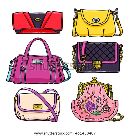 Set Beautiful Multicolored Handbags Handdrawn Illustration Stock Vector