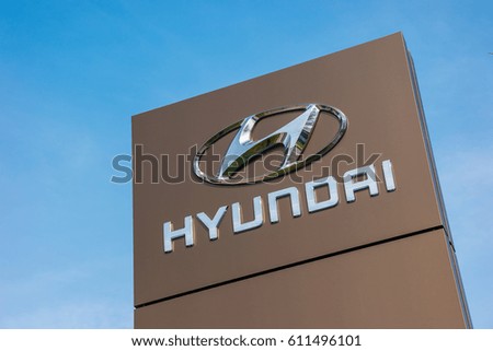 BAESWEILER, GERMANY MARCH, 2017: Logotype of Hyundai corporation on pillar over blue Sky. Hyundai is the South Korea's automotive manufacturer.