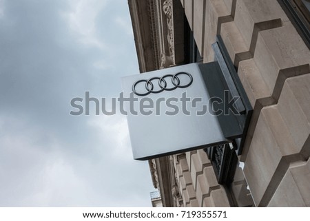 LONDON, UNITED KINGDOM MAY, 2017: Audi emblem store logo. Audi is a German automobile manufacturer that designs, engineers, produces, markets and distributes luxury automobiles