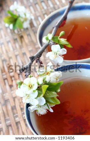 Tea in antique Chinese Porcelain cups (genuine 18th Century) and peach blossom on wicket table