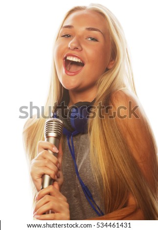 Blonde Girl Naked Shoulders Singing Microphone Stock Photo Shutterstock