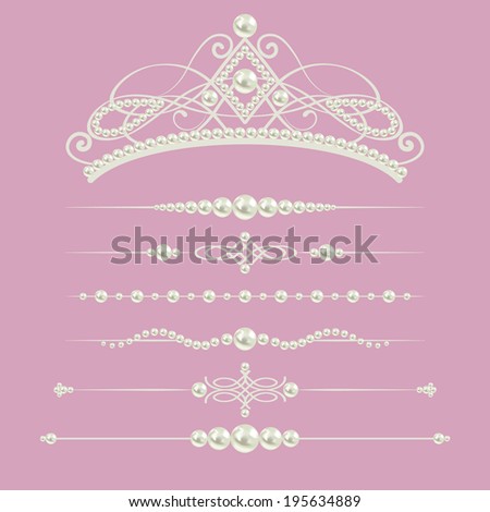 White realistic pearl dividers set collection with diadem isolated on purple pink background. Raster copy. design elements and page decor