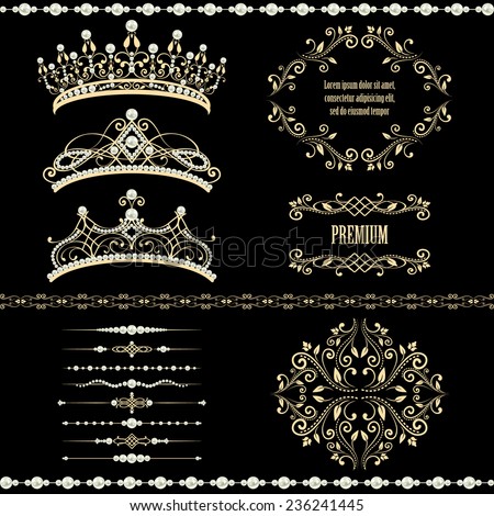 Royal design elements, vintage frames with dividers, borders, pearls and diadems in golden beige. Vector illustration. Isolated on black background. can use for birthday card, wedding invitations.