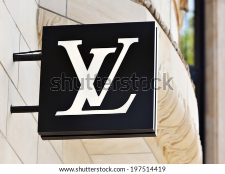 Dusseldorf, Germany - August 20, 2011: Louis Vuitton logo at the store on Koenigsallee. Louis Vuitton Malletier is a french fashion house and well-known for its LV monogram.