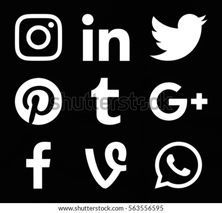 Kiev, Ukraine - November 26, 2016: Collection of popular white social media icons printed on black paper: Instagram, Linkedin, Twitter, Pinterest, Tumblr, Google Plus, Facebook, Vine and WhatsApp.