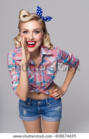 Portrait Of Beautiful Young Happy Smiling Woman Dressed In Pin Up Style Caucasian Portrait Of Beautiful Young Happy Smiling Woman Dressed In Pin Up Style Caucasian