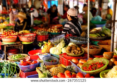 Colorful vegetables for sale at the Central Market of Hoi An, Vietnam