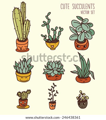 Download Set Cute Potted Plants Funny Cartoon Stock Vector (Royalty ...