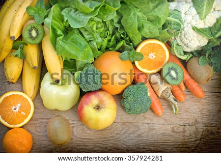 Healthy eating - healthy food on table - on wooden background