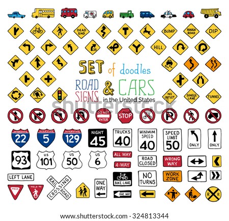 Vector Set Doodles Road Signs Vehicles Stock Vector ...
