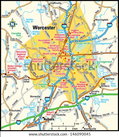 Worcester, Massachusetts area map - stock vector