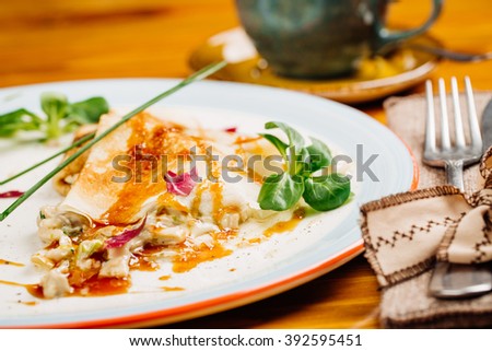Traditional Russian Pancake With Julienne And Mushrooms On A Plate The Reustarant Background Diet Traditional Russian Pancake With Julienne And Mushrooms On A Plate The Reustarant Background Diet