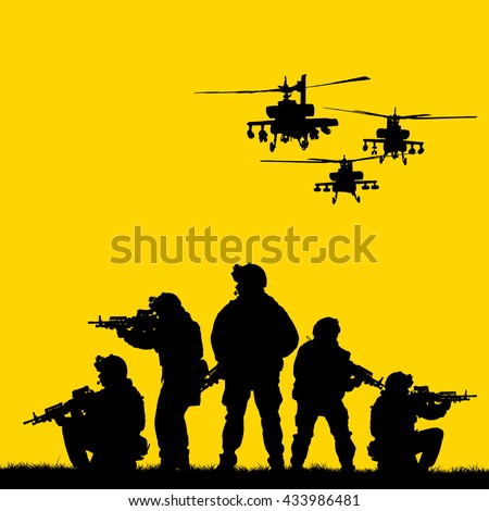 Silhouette of military rangers with weapons during the raid. shot, holding gun, colorful sky, color background