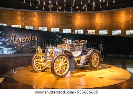 STUTTGART, GERMANY - JULY 16, 2015: Interior of museum "Mercedes-Benz Welt".The museum covers the history of the Mercedes-Benz and the brands associated.