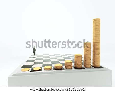 Tiny man standing on a chessboard with growing height coins stacks - exponential growth and compound interest concept - stock photo