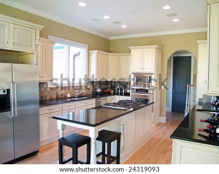 Modern Kitchen White Cabinets Black Granite Stock Photo ...