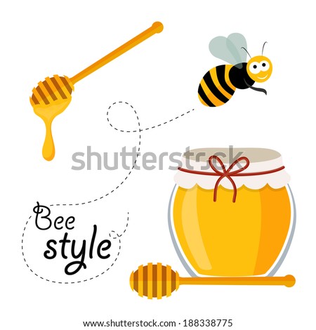 Collection of honey related graphics consisting of bee, honey spoon and honey in glass