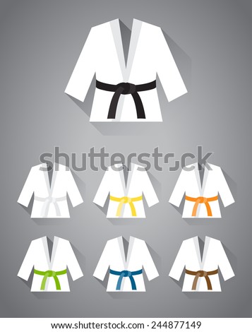Collection of judo, karate or other martial art suit with different belt colors with long shadow in vector