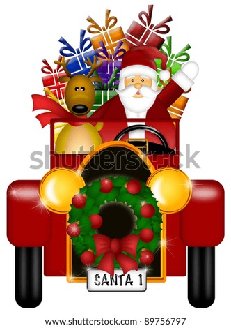 Santa Claus and Reindeer in Winter Snow Scene Driving in Vintage Red Car Isolated on White Background Illustration