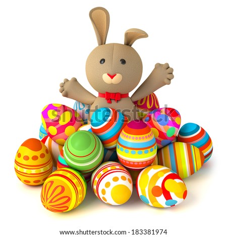 Happy Easter Funny Rabbit Jumps Out From A Pile Of Eggs Conceptual Illustration
