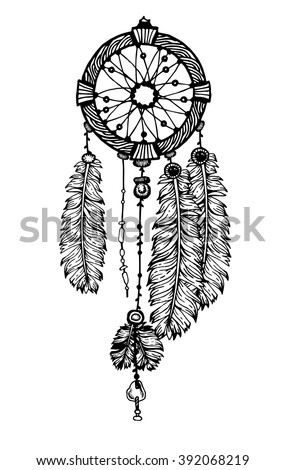 Hand Drawn With Ink Dream Catcher Feathers Ethnic Illustration Tribal American Hand Drawn With Ink Dream Catcher Feathers Ethnic Illustration Tribal American