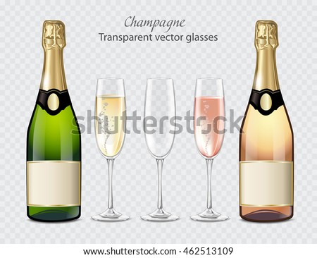 Transparent vector glasses and bottles of champagne and empty glass