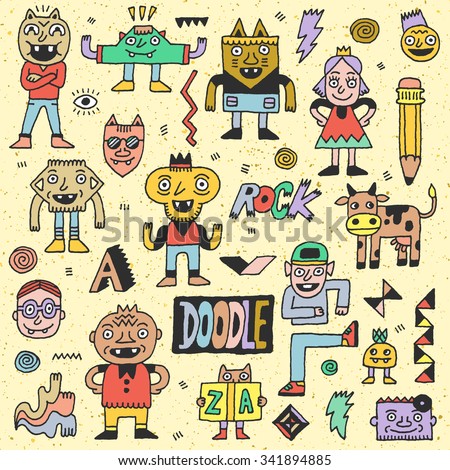 Wacky Funny Fantastic Doodle Characters Set 1. Vector Hand Drawn Color Illustration.