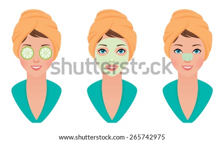 Vector illustration set girl with clay mask on her face with a mask of cucumber and cleans pores strip/Set girl with clay mask on her face with a mask of cucumber and cleans pores strip/Vector set