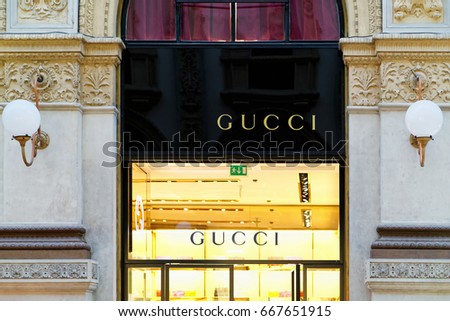 Milan, Italy - October 24, 2016: Gucci Sign of street shop window in Milan.