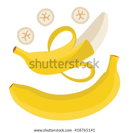 Set bananas. Single banana. Peeled banana and sliced banana. Vector illustration.