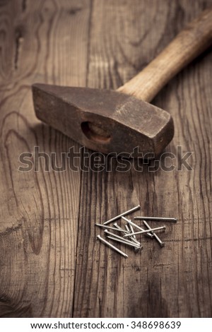 Vintage Hammer Nails Lying On Wooden Stock Photo 348698630 ...