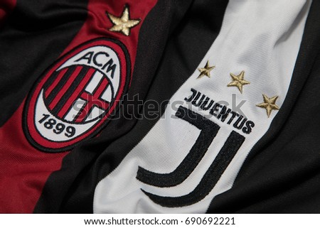 BANGKOK, THAILAND - AUGUST 5: Logo of AC Milan and Juventus Football Club on the Jersey on August 5,2017 in Bangkok Thailand.