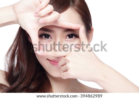Woman face and eye care and she making frame with hands, asian woman