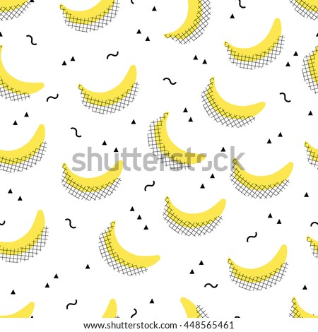 Vector seamless fruit kids background. Abstract geometric pattern with bananas and triangles. Textile fabric print.