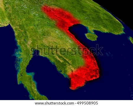 Vietnam from space in red. 3D illustration with highly detailed realistic planet surface. Elements of this image furnished by NASA.