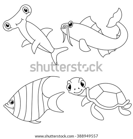 Underwater Sea Animals Coloring Page Fishturtle Stock Vector 388949557