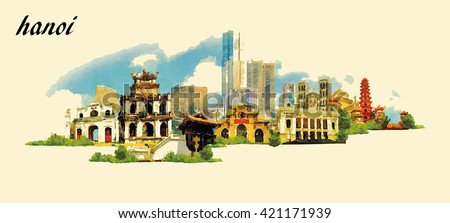 HANOI city panoramic vector water color illustration