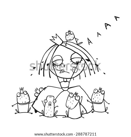 Princess Crying And Many Prince Frogs Coloring Page Outline Drawing Fun Childish Hand Drawn