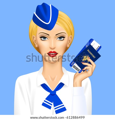 Stewardess with passport and air ticket in hand on blue background. Vector illustration.