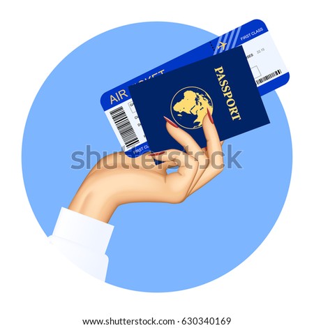 Hand of stewardess with passport and air ticket on round blue background