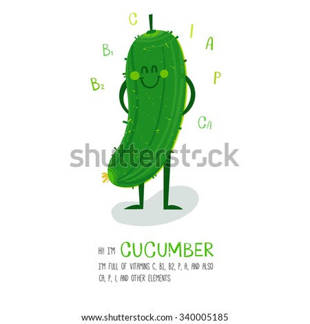 Bright cartoon style vegetable element cucumber design, with geometric hand drawn letters. can be used for invitations, card, posters and other design