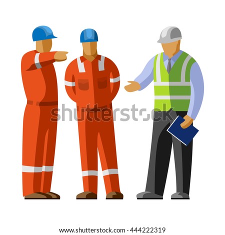 Construction workers group discussion with manager. Vector isolated illustration