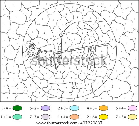 Funny Cartoon Dragon With Net For Butterflies Color By Number Educational Game Schoolchild And