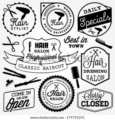 Hairdressing Badges and Labels in Vintage Style. Vector Design Elements