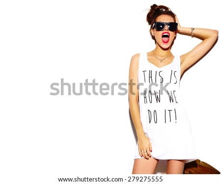 High fashion look.glamor stylish beautiful young woman model with red lips in summer bright colorful hipster cloth