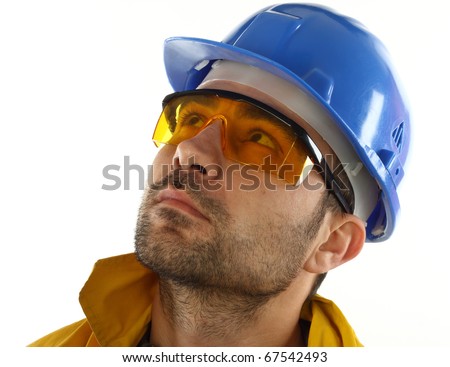 worker whit blue helmet over white background